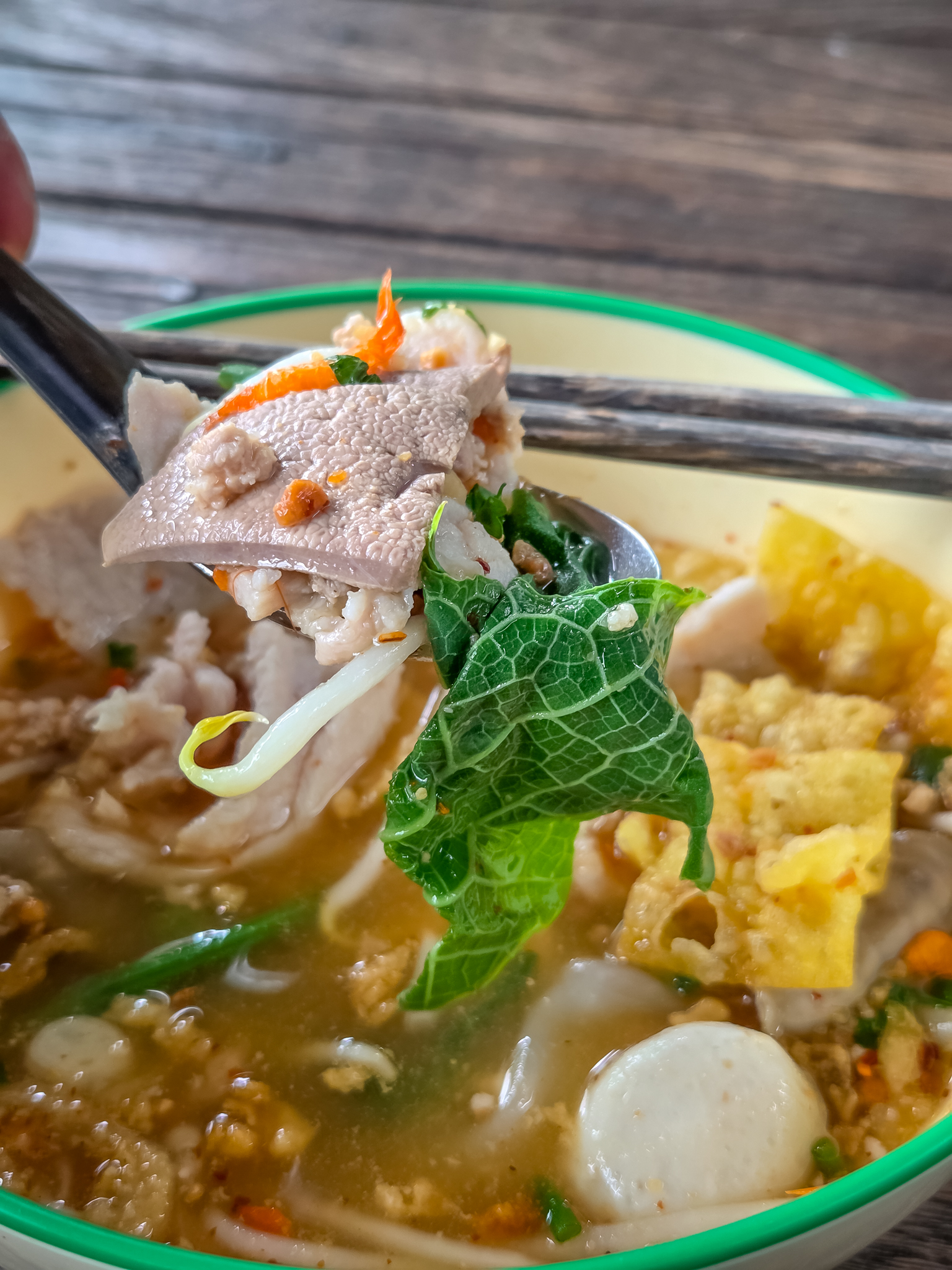 ก๋วยเตี๋ยวหมูต้มยำ (บ้านนอก) ยอดฟักแม้ว